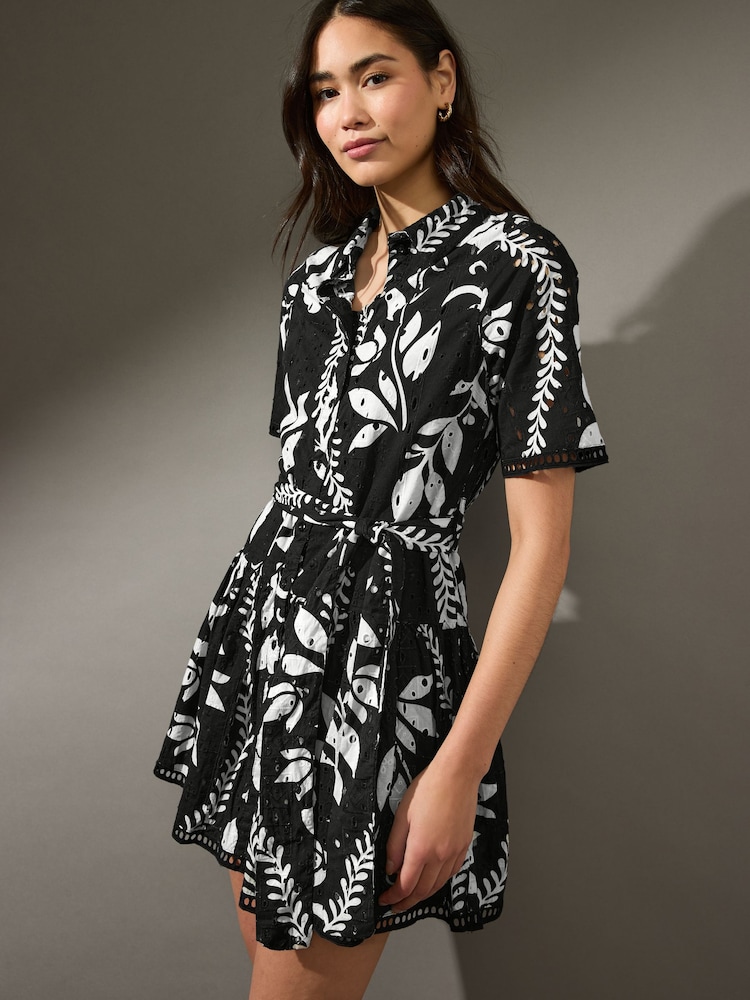 Black/White Mini Broderie Short Sleeve Tie Waist 100% Cotton Shirt Dress - Image 1 of 8