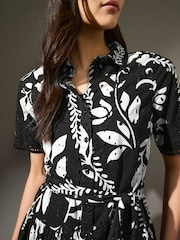 Black/White Mini Broderie Short Sleeve Tie Waist 100% Cotton Shirt Dress - Image 4 of 8