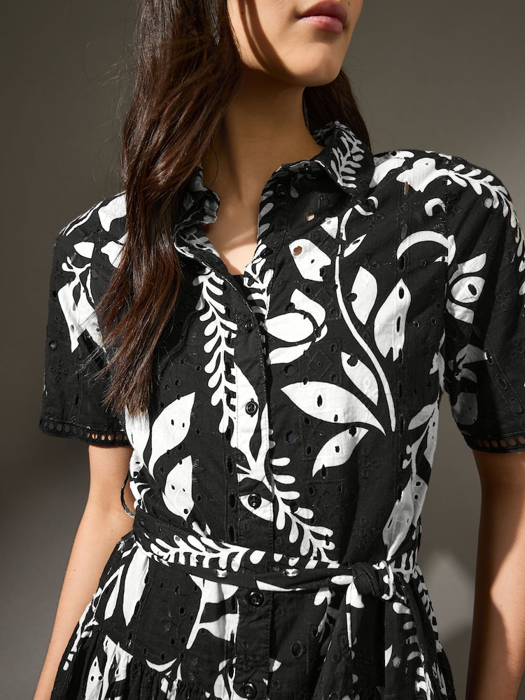 Black/White Mini Broderie Short Sleeve Tie Waist 100% Cotton Shirt Dress - Image 4 of 8