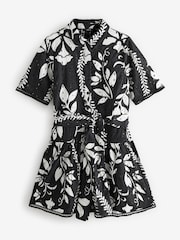 Black/White Mini Broderie Short Sleeve Tie Waist 100% Cotton Shirt Dress - Image 6 of 8