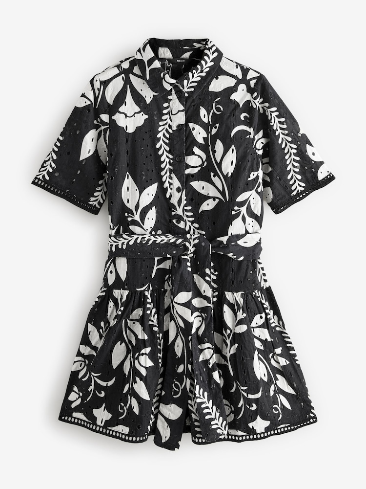 Black/White Mini Broderie Short Sleeve Tie Waist 100% Cotton Shirt Dress - Image 6 of 8