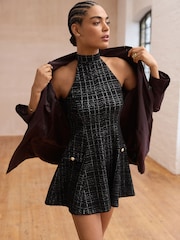 Black Check Bouclé Textured Halter Neck Mini Dress - Image 1 of 9
