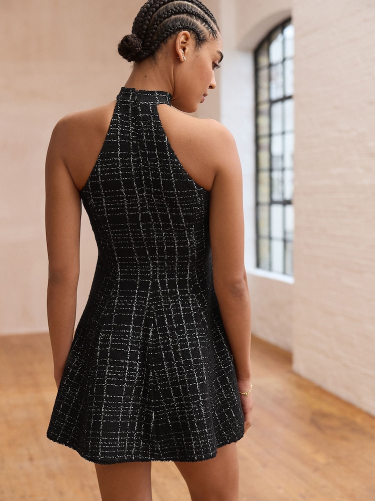 Black Check Bouclé Textured Halter Neck Mini Dress - Image 1 of 9
