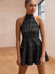 Black Check Bouclé Textured Halter Neck Mini Dress - Image 3 of 9
