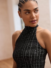 Black Check Bouclé Textured Halter Neck Mini Dress - Image 5 of 9