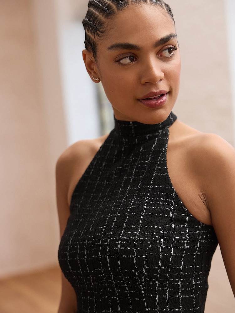 Black Check Bouclé Textured Halter Neck Mini Dress - Image 5 of 9