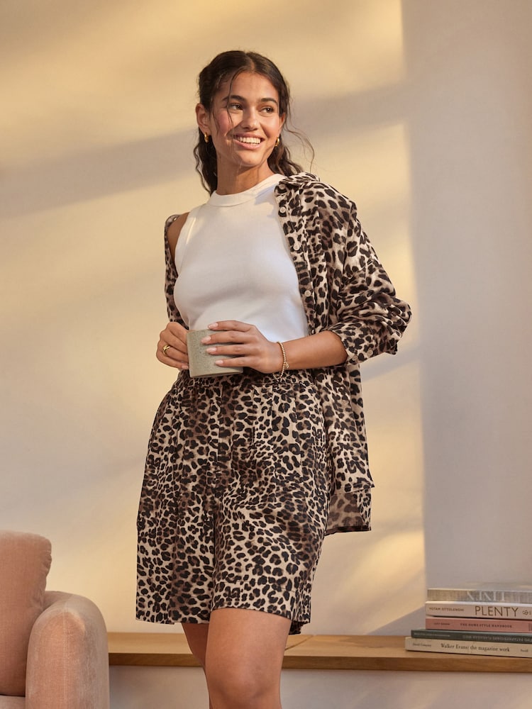 Leopard Print Linen Blend Shorts - Image 1 of 8