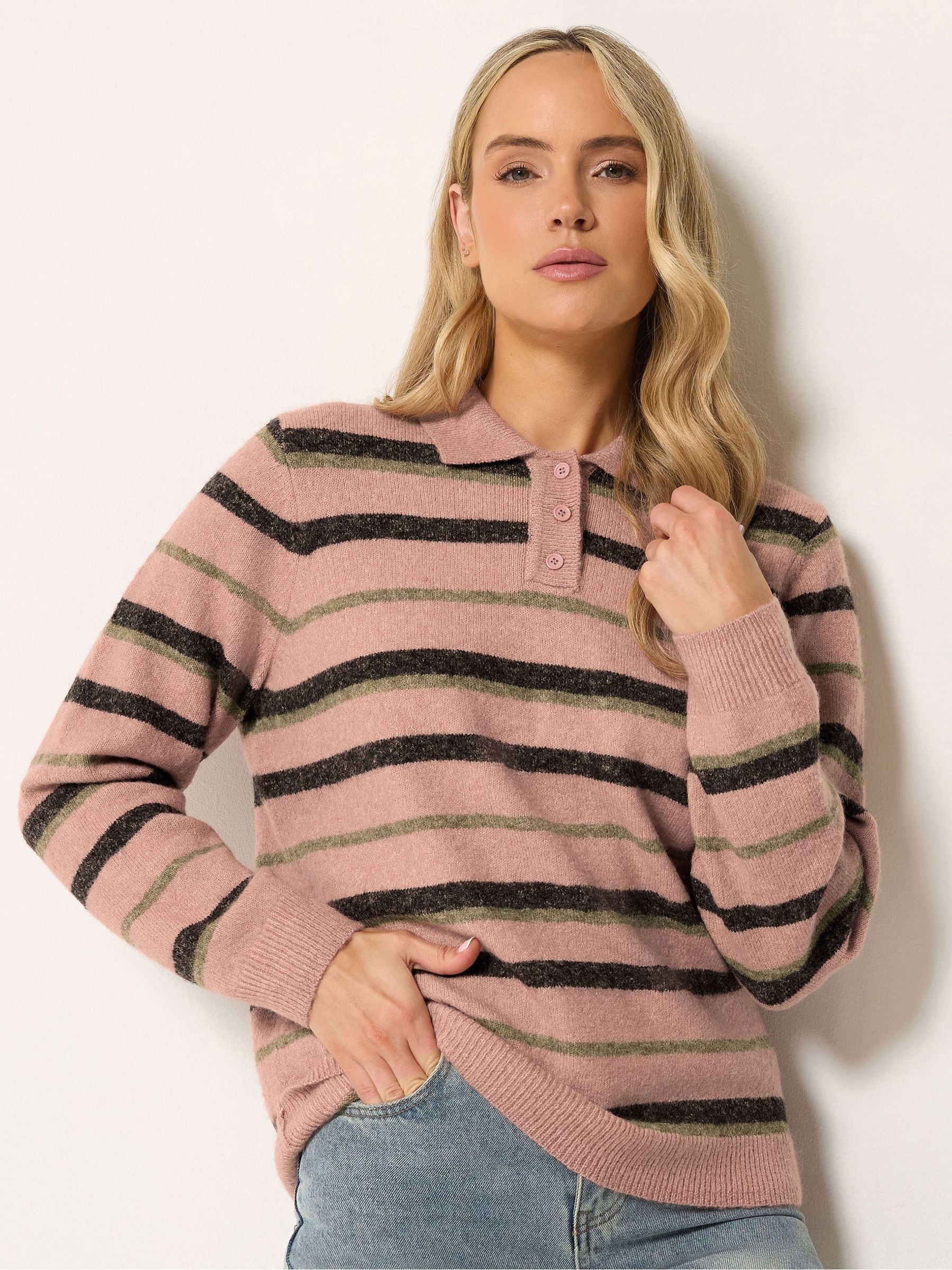Long Tall Sally Women's Pink Stripe Knitted Polo Jumper - Image 1