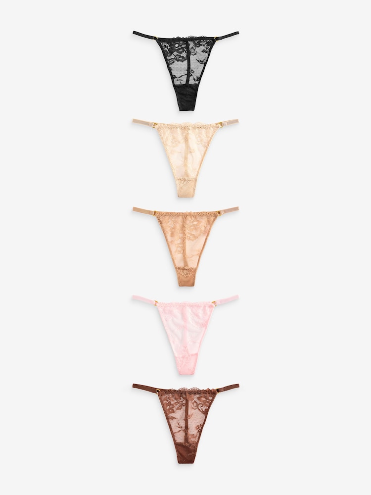 Boux Avenue Natural Cora 100% Cotton Scallop Lace Thong 5 Pack - Image 1 of 6