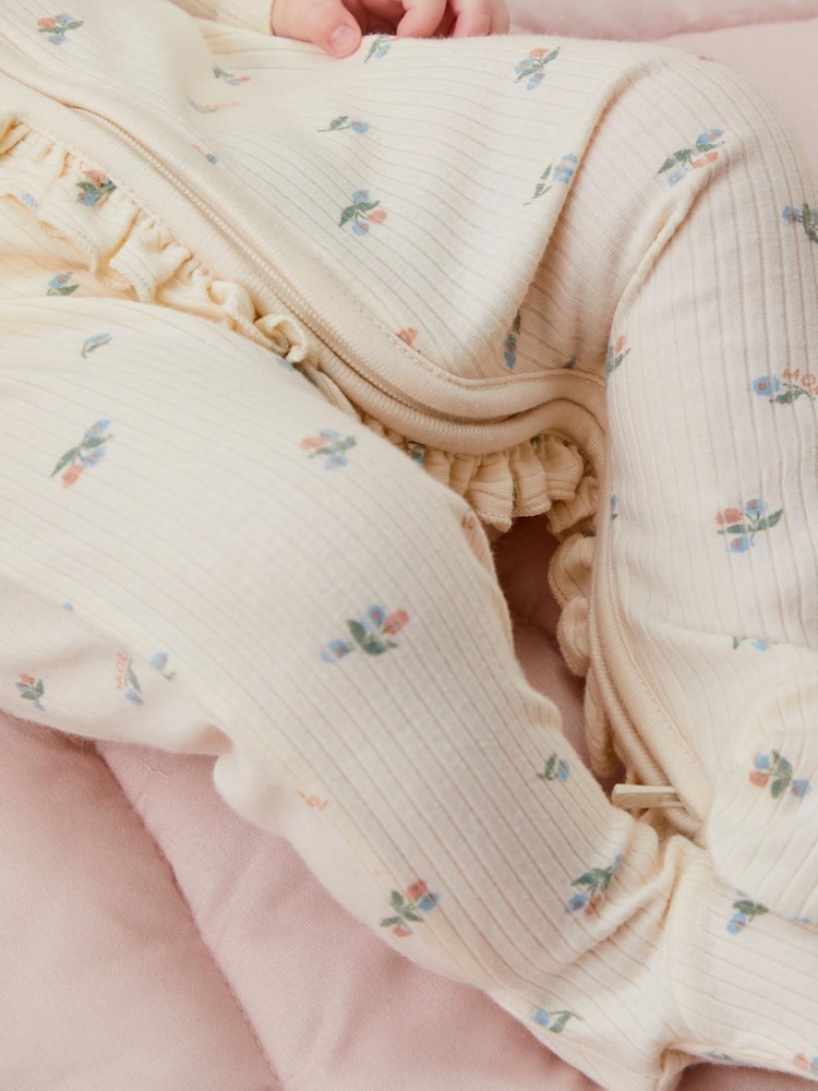 MORI Cream Floral Organic Cotton and Bamboo Zip-Up Sleepsuit - Image 2 of 6