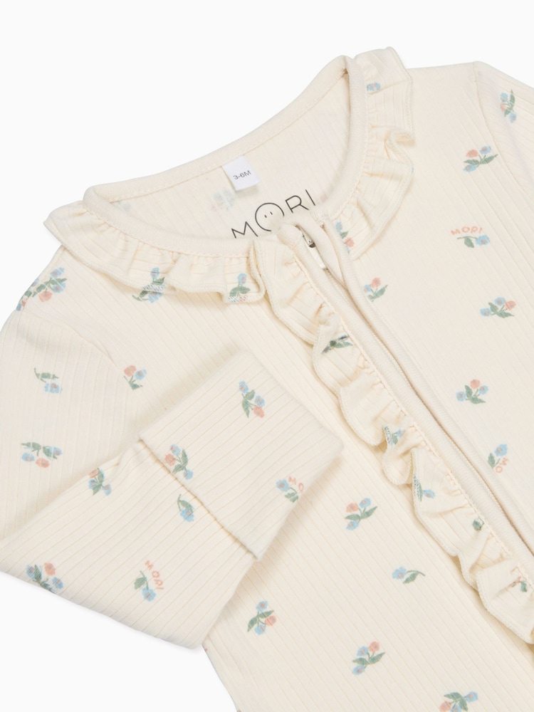MORI Cream Floral Organic Cotton and Bamboo Zip-Up Sleepsuit - Image 6 of 6