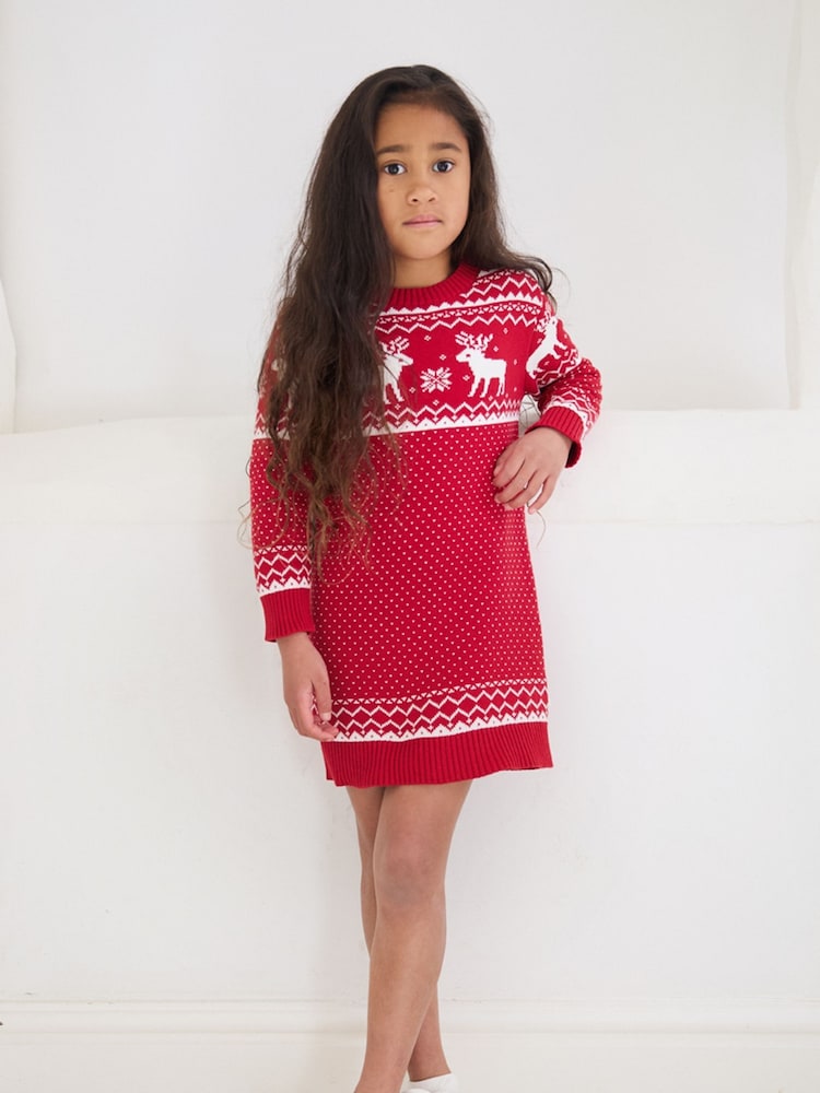 The Little Tailor Kids Christmas Reindeer Fairisle Pattern Dress - Image 1 of 7