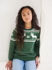 Zielony - The Little Tailor Kids Christmas 100% Cotton Reindeer Pattern Jumper - Image 1 of 9