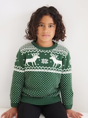 Zielony - The Little Tailor Kids Christmas 100% Cotton Reindeer Pattern Jumper - Image 2 of 9