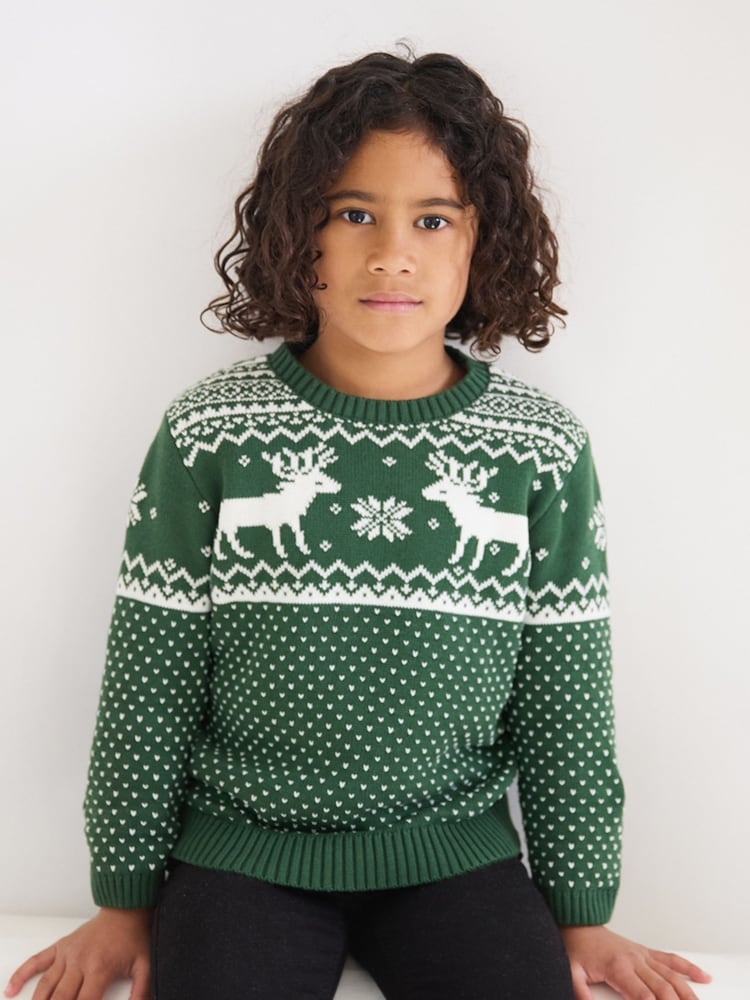 Zielony - The Little Tailor Kids Christmas 100% Cotton Reindeer Pattern Jumper - Image 2 of 9