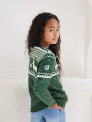 Zielony - The Little Tailor Kids Christmas 100% Cotton Reindeer Pattern Jumper - Image 3 of 9