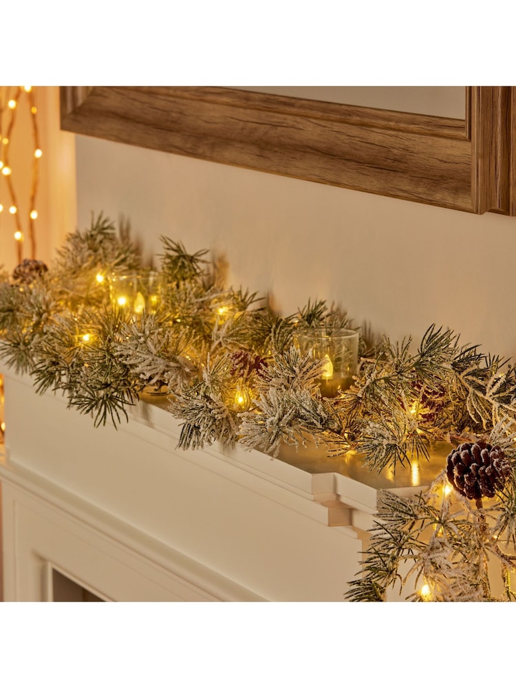 Premier Decorations Ltd 1.8m Pine Needle 120 LED Lights Lit Garland with Pine Cones - Image 1 of 2