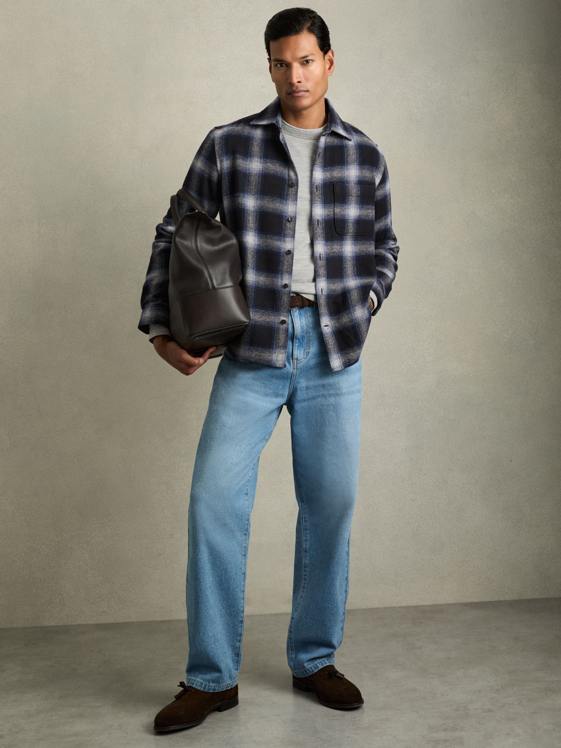 Reiss Navy Multi Check Patch Pocket Overshirt With Wool