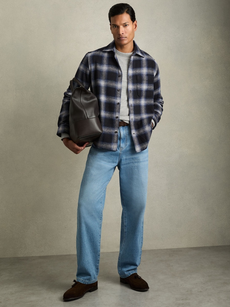 Reiss Navy Multi Crosby Check Patch Pocket Overshirt With Wool - Image 1 of 7