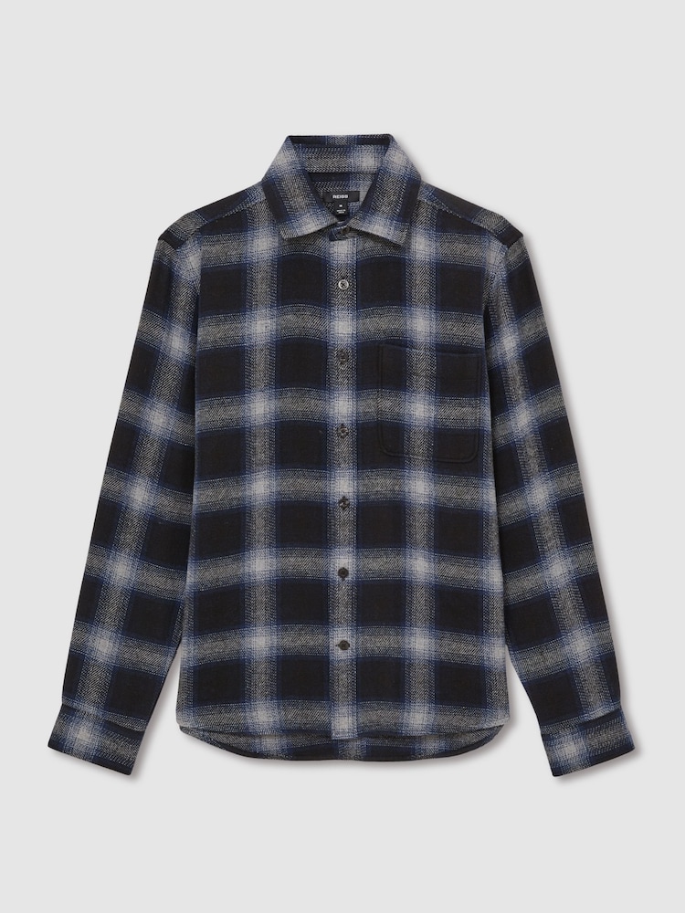 Reiss Navy Multi Crosby Check Patch Pocket Overshirt With Wool - Image 2 of 7