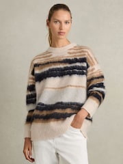 Reiss Cream/Camel Emily Striped Crew-Neck Jumper With Mohair - Image 1 of 6