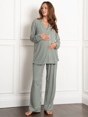 Seraphine Green Maternity Piped Shirt Pyjamas Set - Image 1 of 5