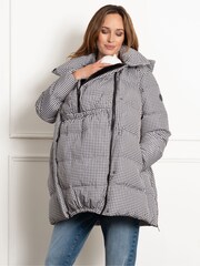 Seraphine Maternity Houndstooth Belted Puffer Black Jacket - Image 1 of 5