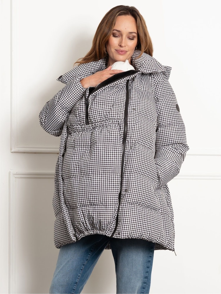 Seraphine Maternity Houndstooth Belted Puffer Black Jacket - Image 1 of 5