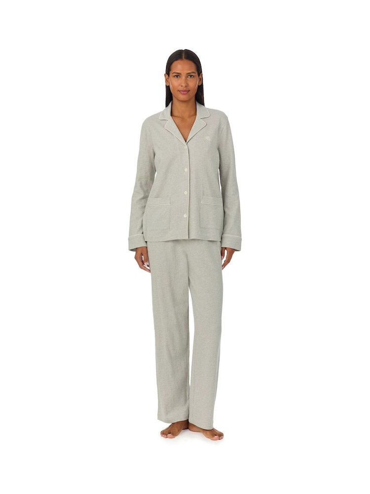 Lauren Ralph Lauren Grey Herringbone Knit Notch Collar 100% Cotton Pyjamas - Image 1 of 3