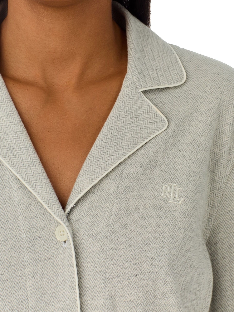 Lauren Ralph Lauren Grey Herringbone Knit Notch Collar 100% Cotton Pyjamas - Image 3 of 3