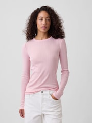 Pink - Gap Essential Ribbed Pointelle Long Sleeve T-Shirt - Bild 1 von 5