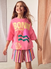 Pink Bondi Stripe 100% Cotton T-Shirt And Shorts Set (3-16yrs) - Image 1 of 10