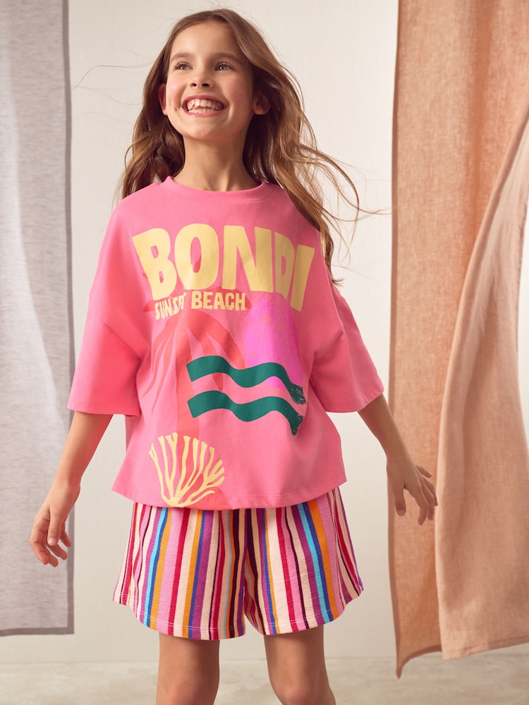 Pink Bondi Stripe 100% Cotton T-Shirt And Shorts Set (3-16yrs) - Image 1 of 10