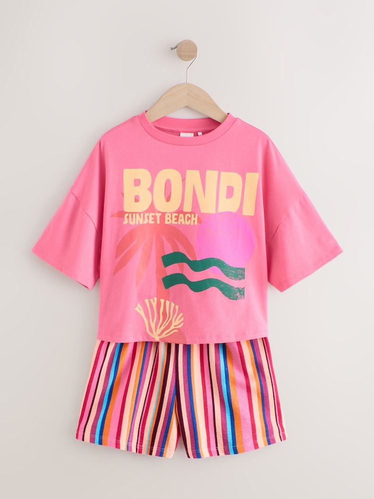 Pink Bondi Stripe 100% Cotton T-Shirt And Shorts Set (3-16yrs) - Image 5 of 10
