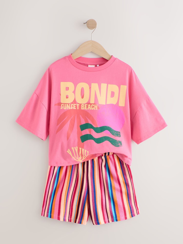 Pink Bondi Stripe 100% Cotton T-Shirt And Shorts Set (3-16yrs) - Image 6 of 10