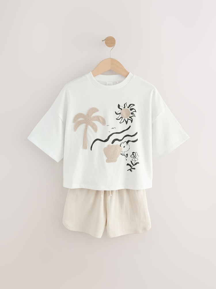 Cream Crochet Applique 100% Cotton T-Shirt And Shorts Set (3-16yrs) - Image 1 of 5