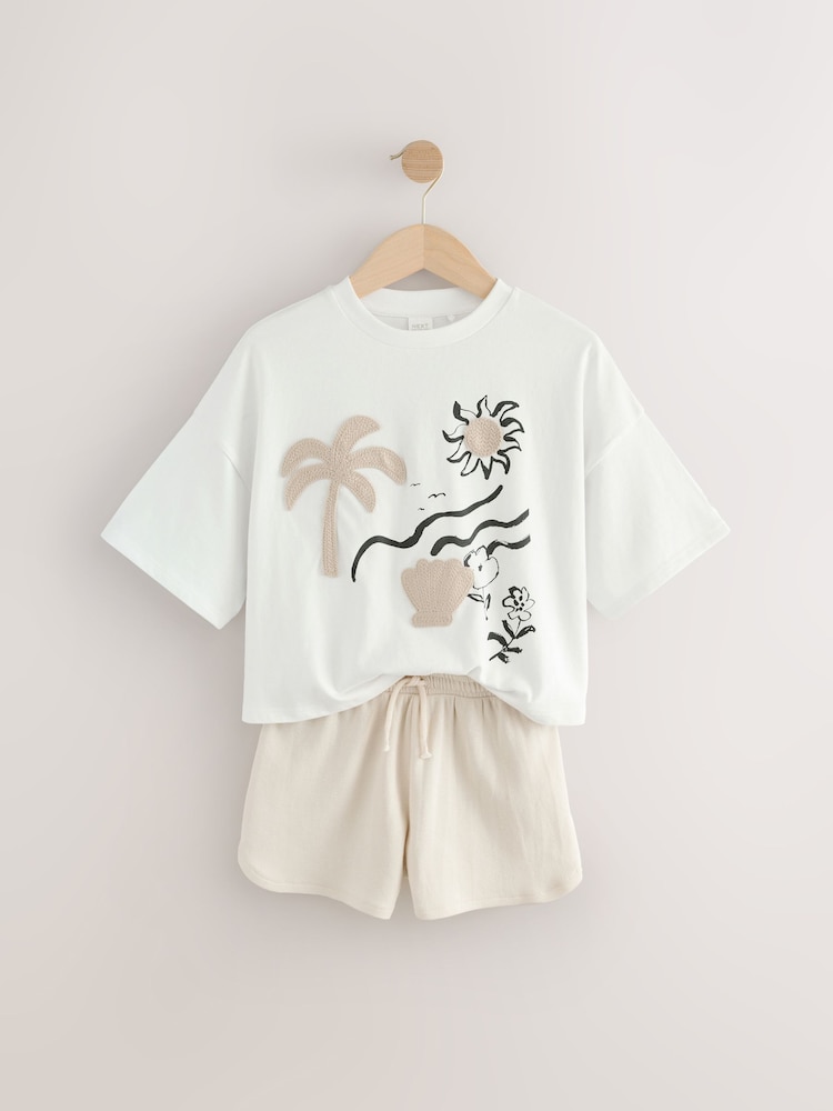 Cream Crochet Applique 100% Cotton T-Shirt And Shorts Set (3-16yrs) - Image 2 of 5