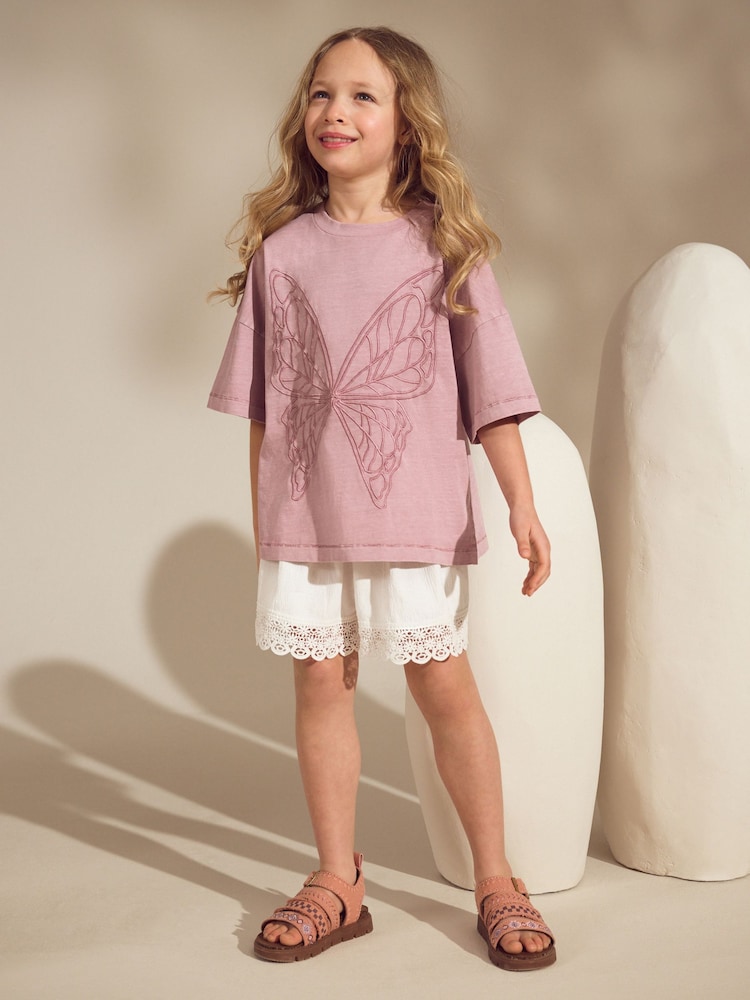Dusky Purple Butterfly T-Shirt And Textured Shorts Set (3-16yrs) - Image 2 of 4