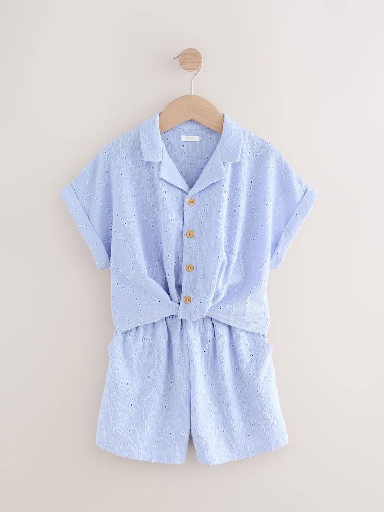 Blue Broderie Textured Shirt And Shorts Set (3-16yrs) - Image 1 of 5