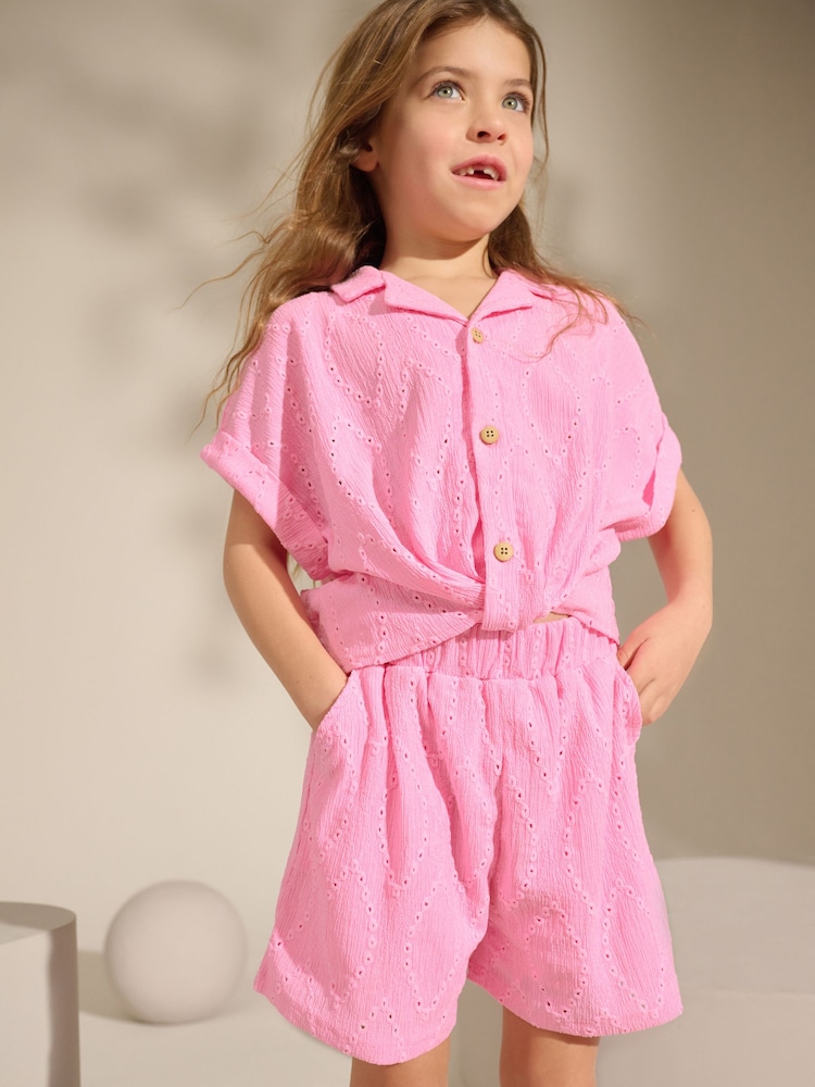 Pink Broderie Textured Shirt And Shorts Set (3-16yrs) - Image 1 of 9