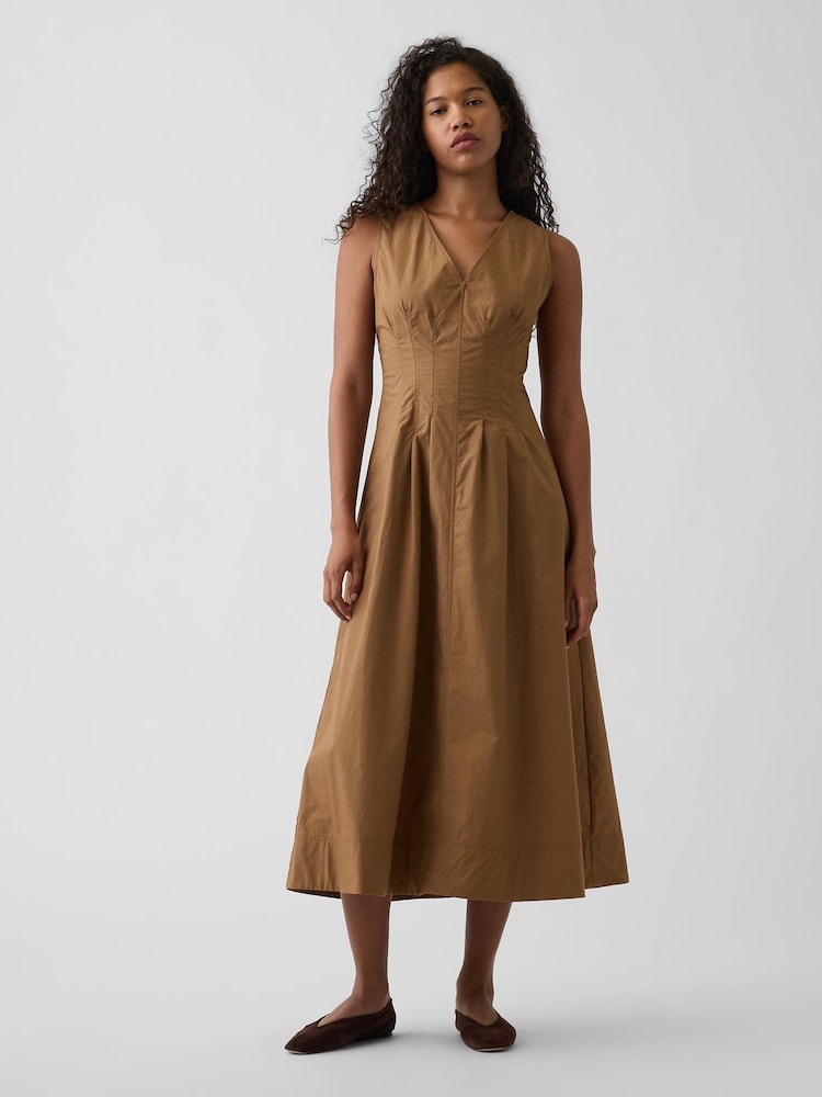 Gap Brown Poplin V-Neck Cinched Maxi Dress - Image 1 of 4