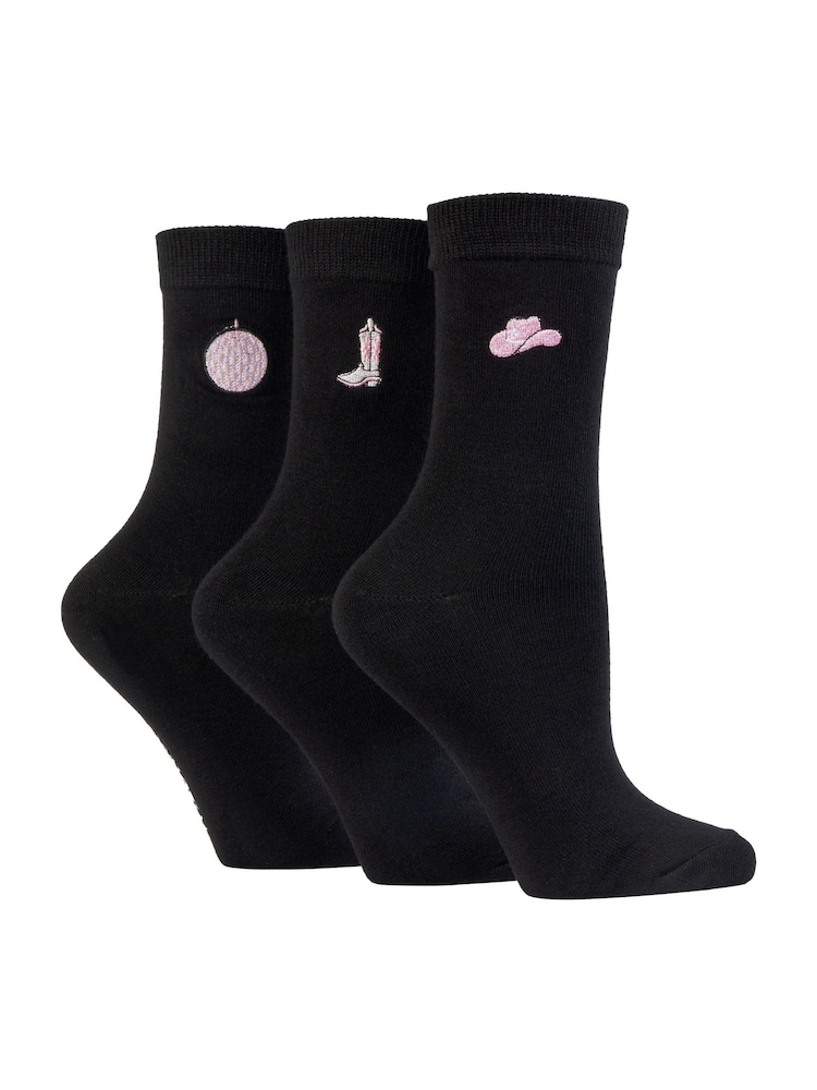 Wild Feet Black West Embroidery Crew Socks 3 Pack - Image 1 of 8