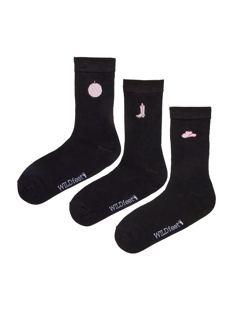 Wild Feet Black West Embroidery Crew Socks 3 Pack - Image 2 of 8