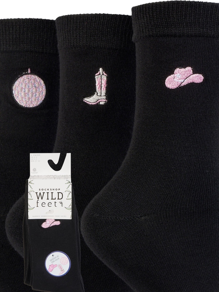 Wild Feet Black West Embroidery Crew Socks 3 Pack - Image 8 of 8