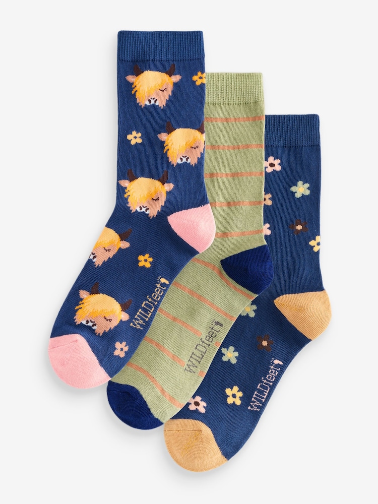 Wild Feet Blue Highland Cow Socks 3 Pack - Image 1 of 4