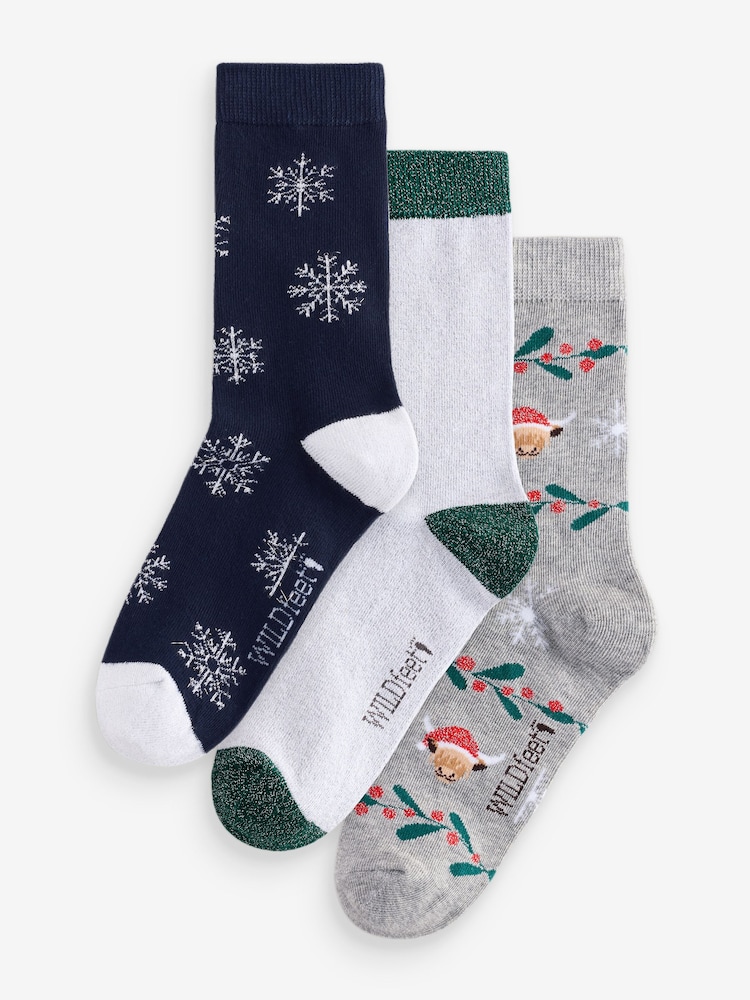 Wild Feet Grey Christmas Tree Crew Socks 3 Pack - Image 1 of 4 Wild Feet Grey Christmas Tree Crew Socks 3 Pack - Image 1 of 4