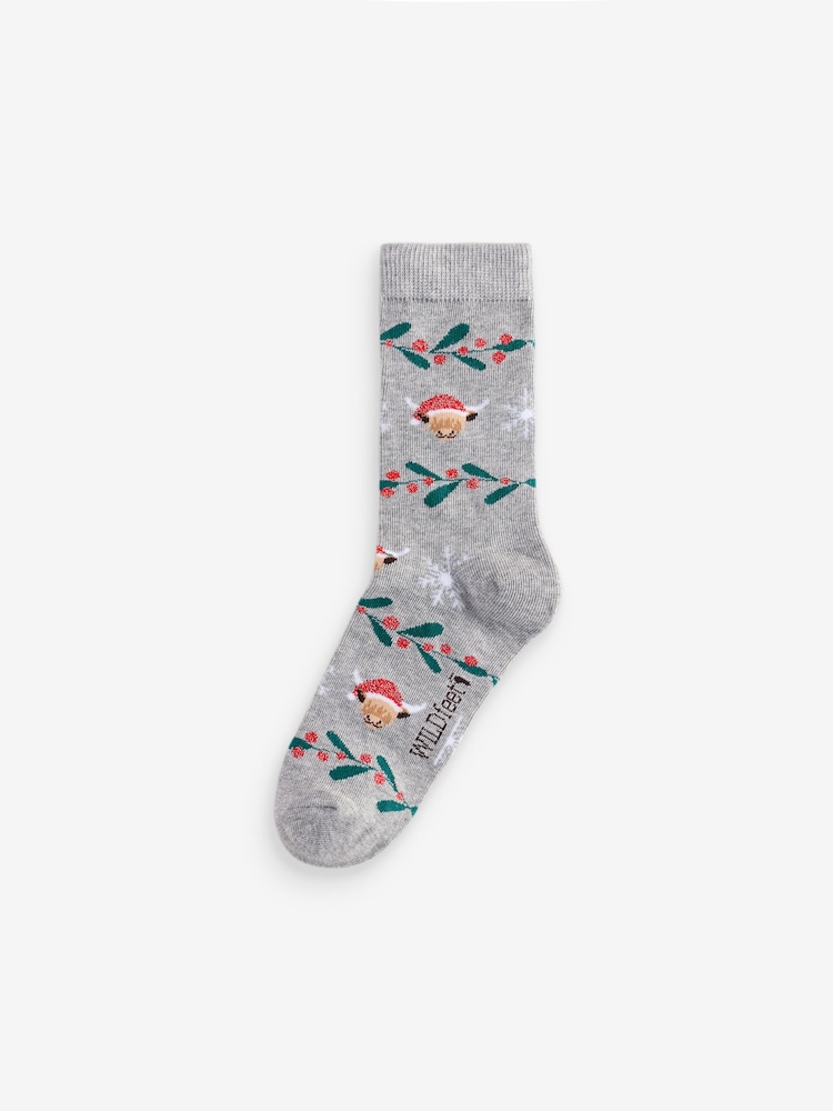 Wild Feet Grey Christmas Tree Crew Socks 3 Pack - Image 2 of 4
