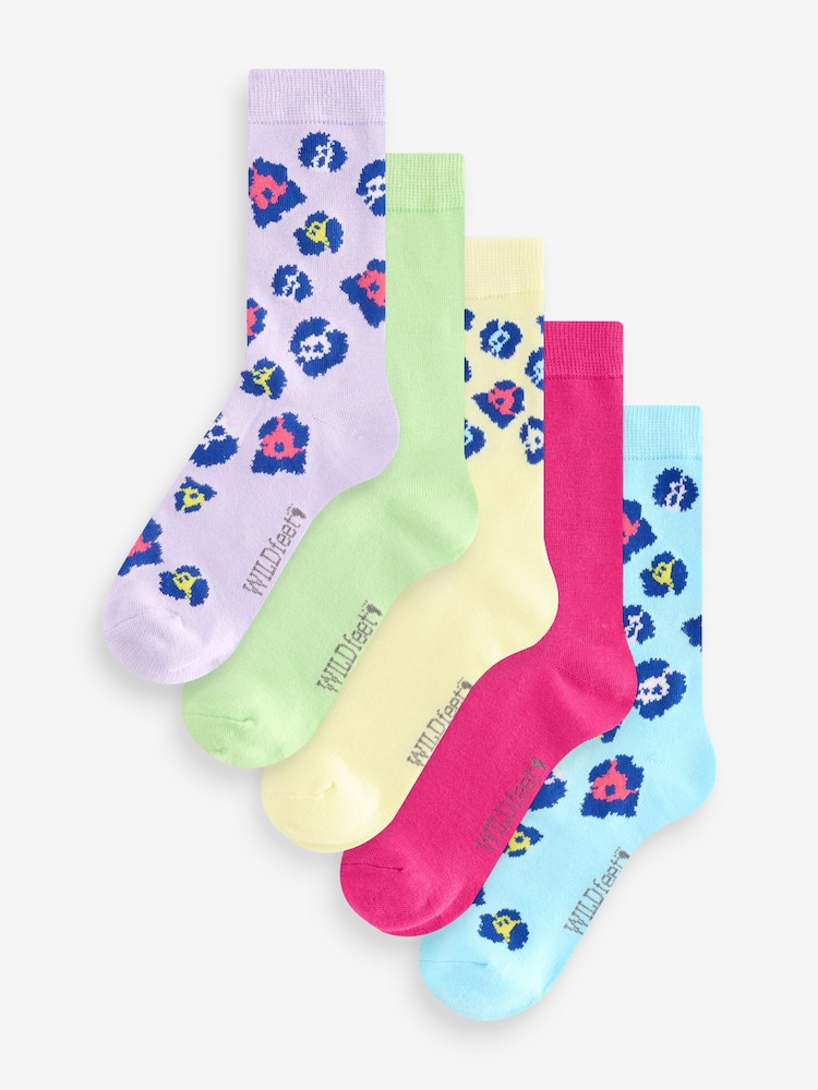 Wild Feet Blue Bamboo Leopard Print Socks 5 pack - Image 1 of 7 Wild Feet Blue Bamboo Leopard Print Socks 5 pack - Image 1 of 7