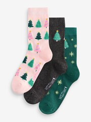 Wild Feet Green Christmas Tree Crew Socks 3 Pack - Image 1 of 4
