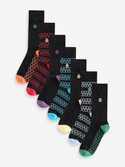 Jeff Banks Black Recycled Cotton Fun Design Crew Socks 7 pack - Image 1 of 8